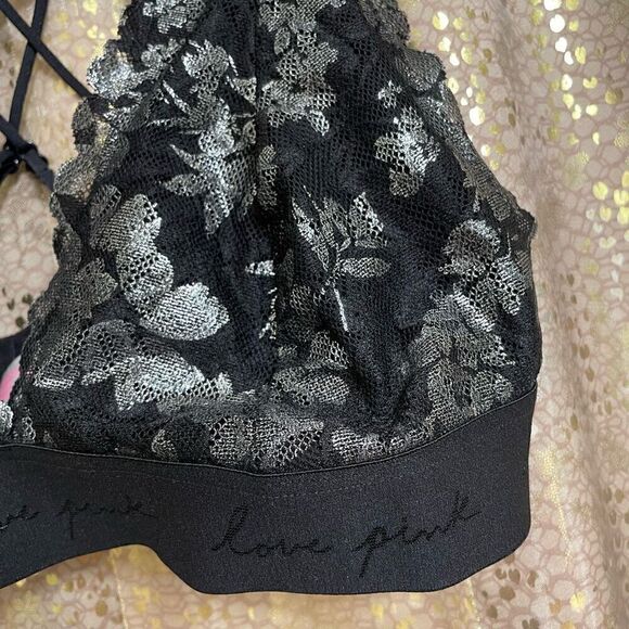 PINK Victorias Secret Black Silver Floral Lace Halter Bralette Strappy Back Larg - Picture 4 of 6